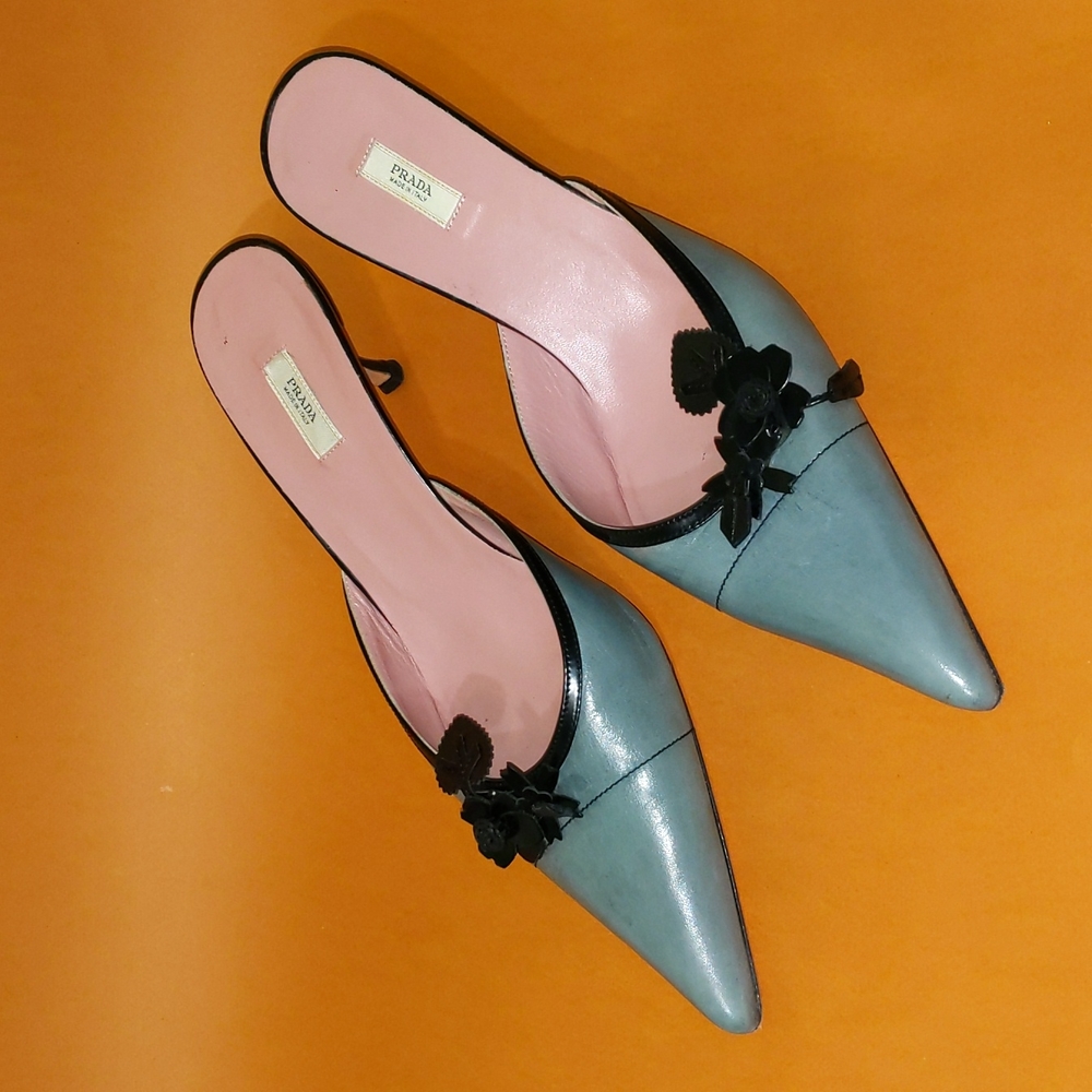 Prada, 🇮🇹 genuine leather, gray/black mules, Size 40 or US 10